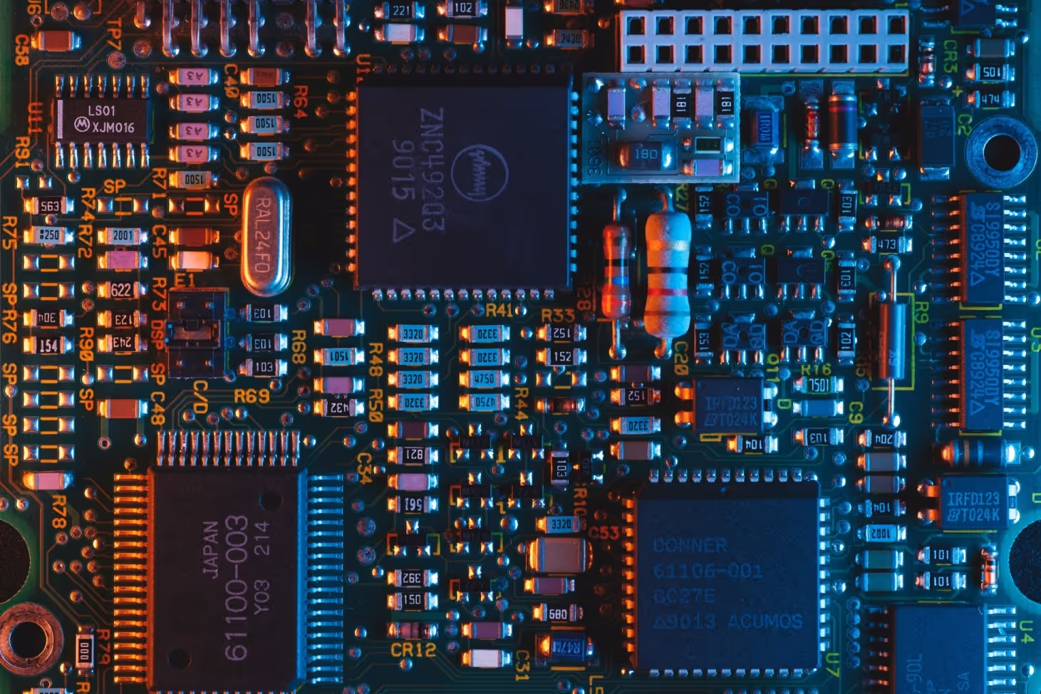 Closeup picture of a modern microelectronics circuit board.