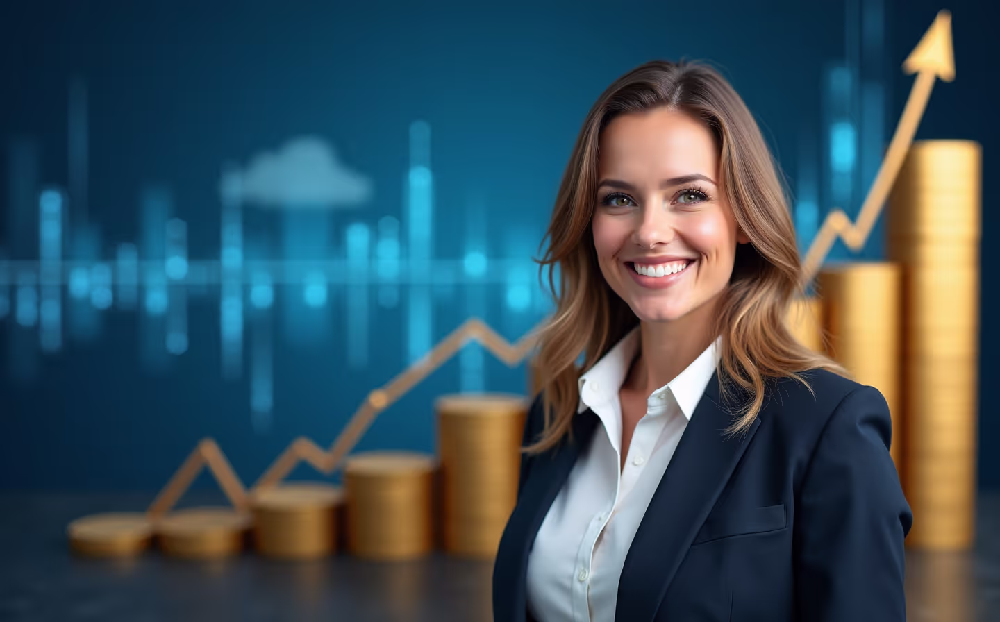 Femme en tailleur heureuse de son succès professionnel avec les crédits RS&DE