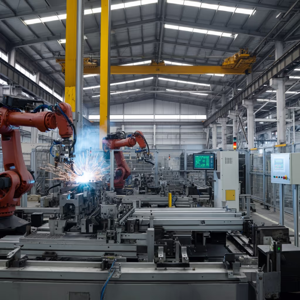 Ligne de montage avec bras robotisés soudant une pièce métallique
