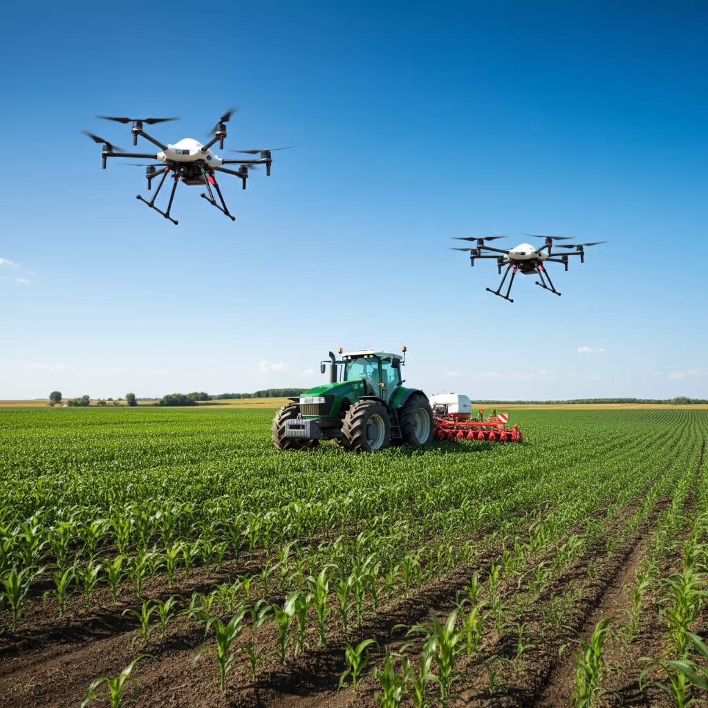 Drones survolant un champ en cultivation avec tracteur récolteur en arrière plan