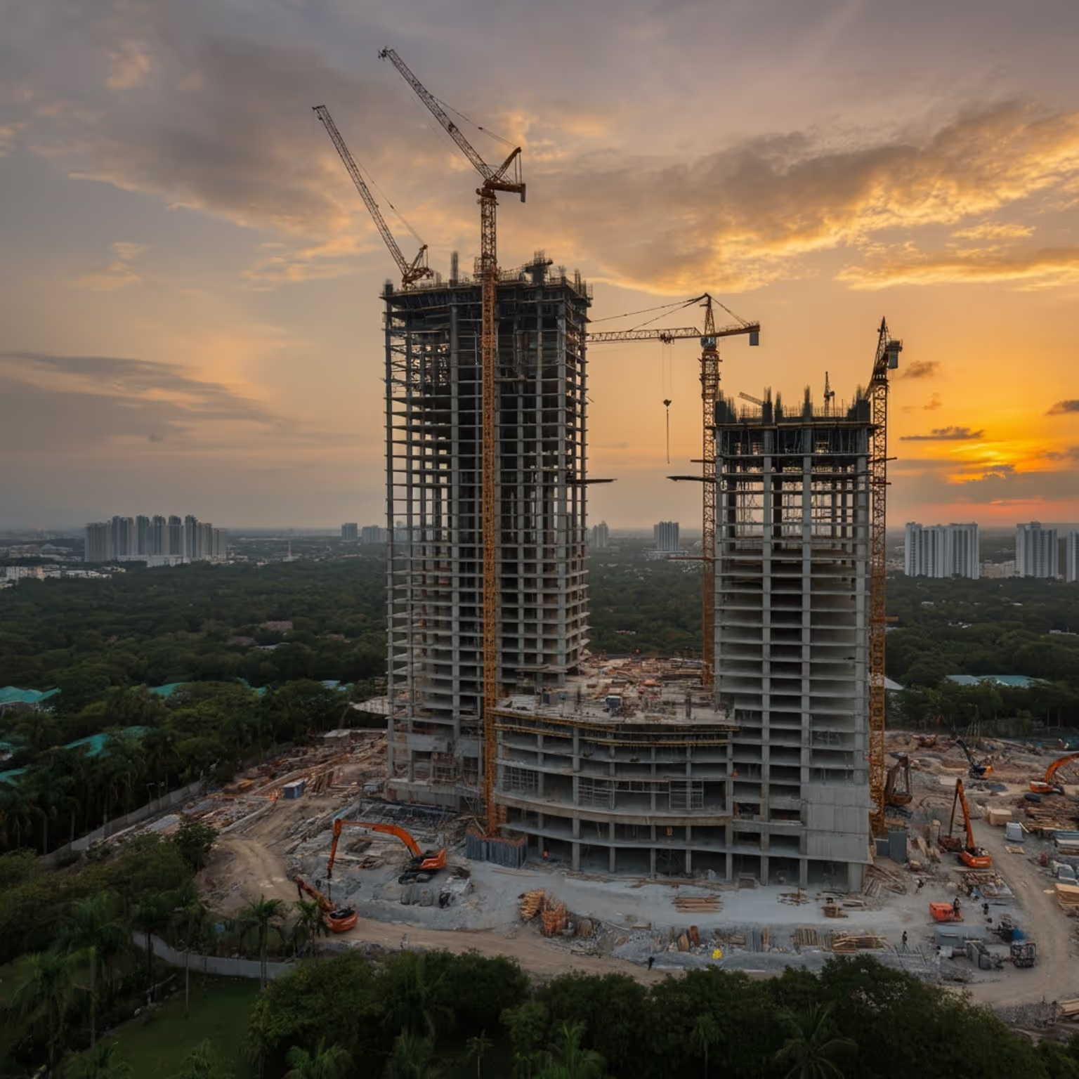 Gratte-ciel en construction avec grues visibles