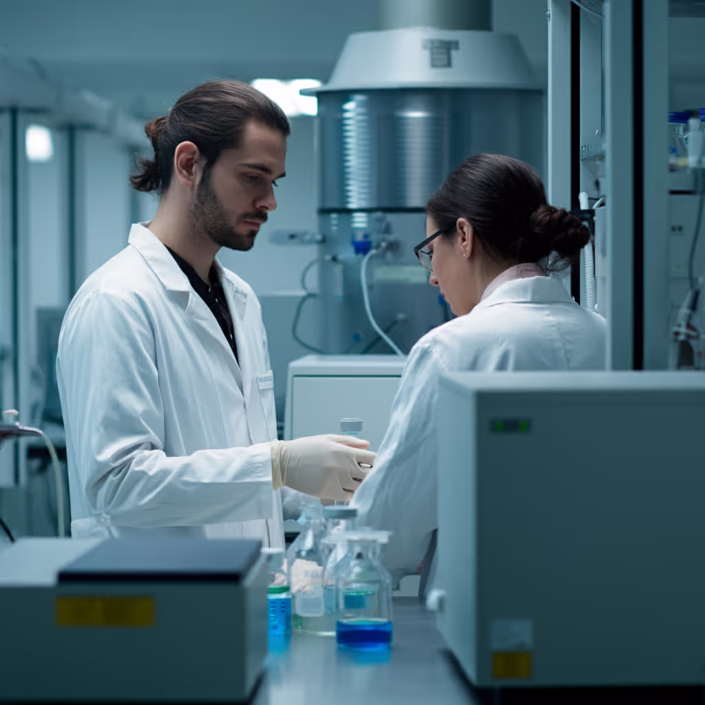 Chercheurs dans un laboratoire pharmaceutique partageant de l'information