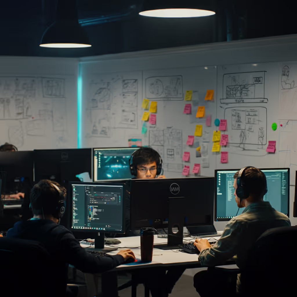 Développeurs logiciels à l'oeuvre dans un studio de jeu vidéos